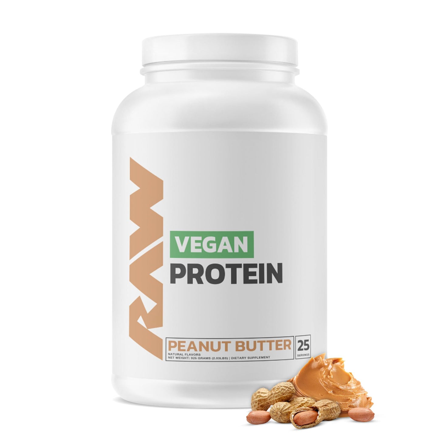 RAW Vegan Protein Powder, Peanut Butter - 20g of Plant-Based Protein Powder & Fortified with Vitamins for Muscle Growth & Recovery - Low-Fat, Low Carb, Naturally Flavored & Sweetened - 25 Servings