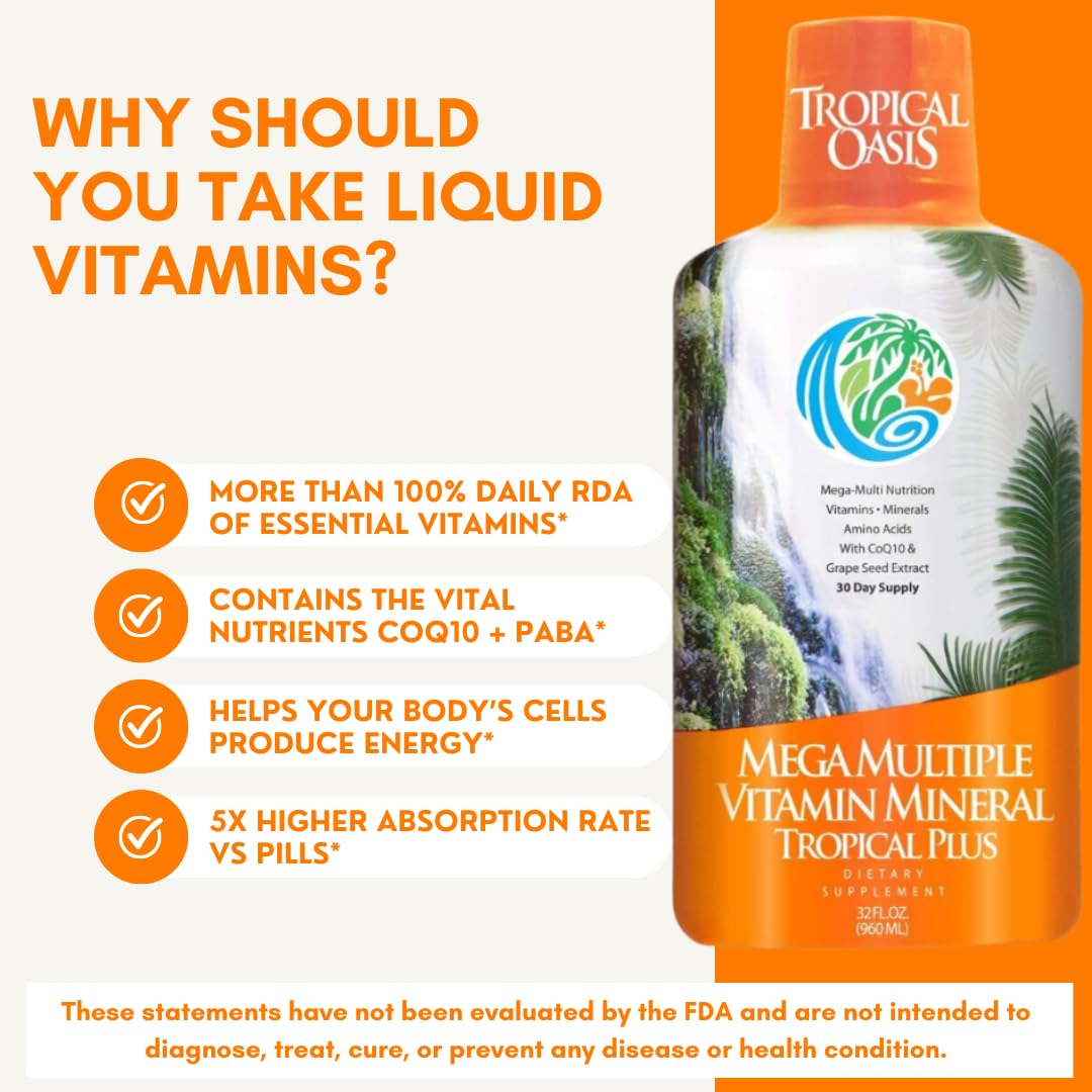 Tropical Oasis Mega Plus - Liquid Multivitamin and Mineral Supplement - Includes 85 Vitamins & Minerals, 20 Amino Acids + CoQ10, Grape Seed Extract & Organic Aloe Vera - 32oz, 32 Servings, 33460