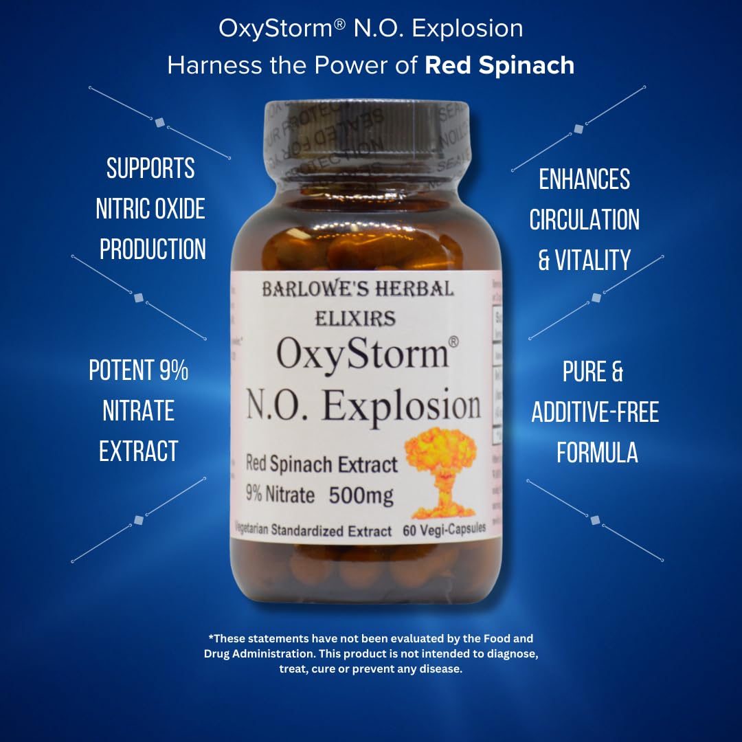 Barlowe's Herbal Elixirs OXYSTORM® N.O. Explosion | Red Spinach Extract 9% | Natural Nitric Oxide Booster | 500mg Per Capsule | 60 Vegan Capsules | No Oxalates, Stearate-Free, Glass Bottled