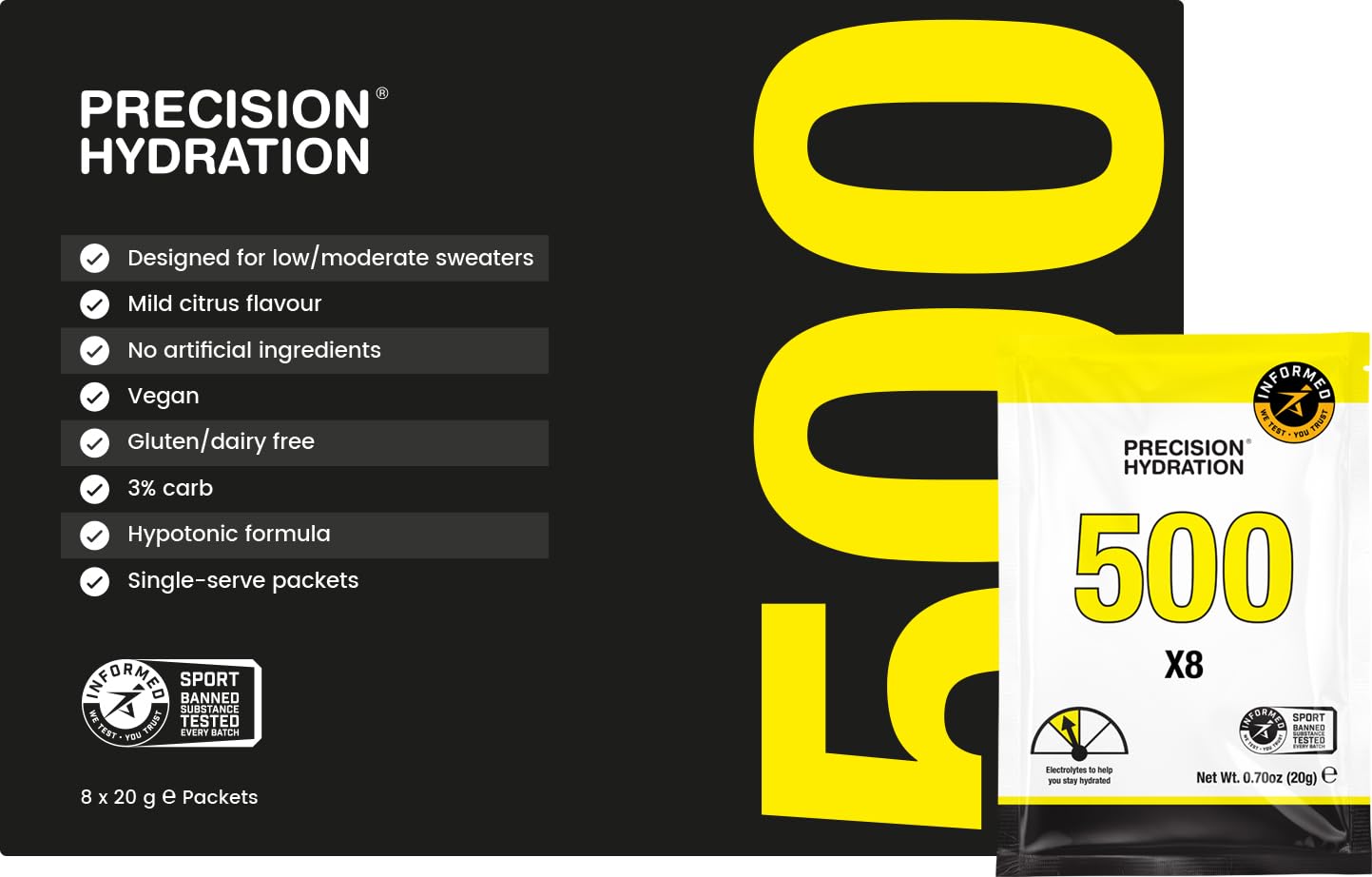 Precision Hydration Electrolyte Drink Mix - No Artificial Ingredients, Multi Strength Electrolyte Powders - Individual Waterproof Servings - Gluten/Dairy Free (500mg/L - Yellow Packet, Pack of 8)