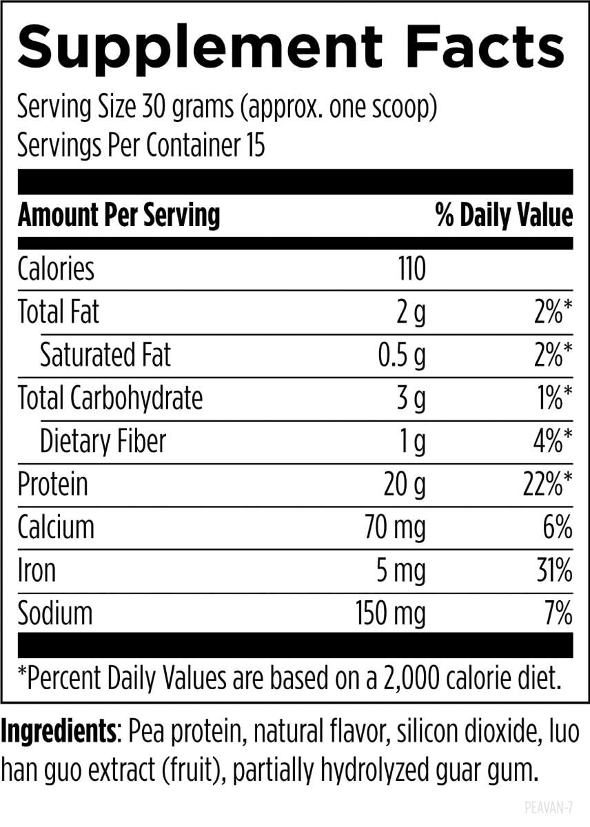 Designs for Health PurePea - 20g Vegan Pea Protein, Non-GMO Natural Drink Mix Powder Supplement, Vanilla (15 Servings / 450g)