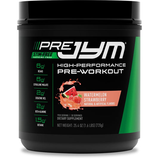 Pre JYM Stim Free Watermelon Strawberry Pre-Workout Powder, Creatine, No Caffeine, Citrulline, Betaine, BCAA's, Taurine, Alpha-GPC, Huperzine, 30 Servings