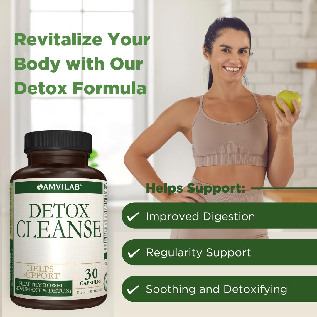AMVILAB - Detox Cleanse - Colon Detox - Supports Healthy Bowel Movement & Detox - Gut & Colon Detox Cleanse - Natural Laxative for Constipation - Reduce Bloating - Dietary Supplement - 30 Capsules
