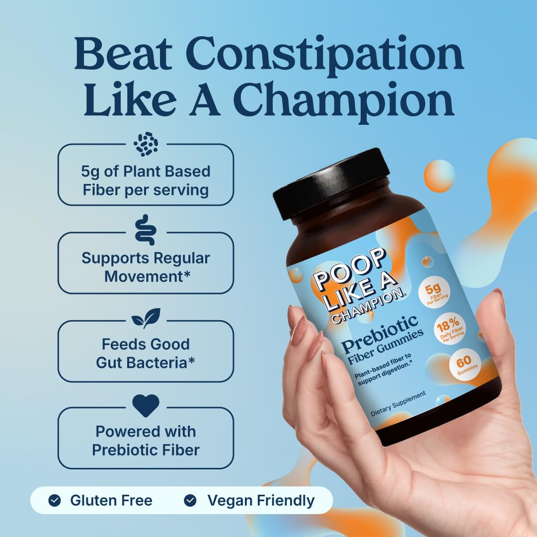 Poop Like a Champion Fiber Gummies - 5g Fiber per Serving, Non-GMO, Vegan, Digestive Support, 60 Pieces per Bottle