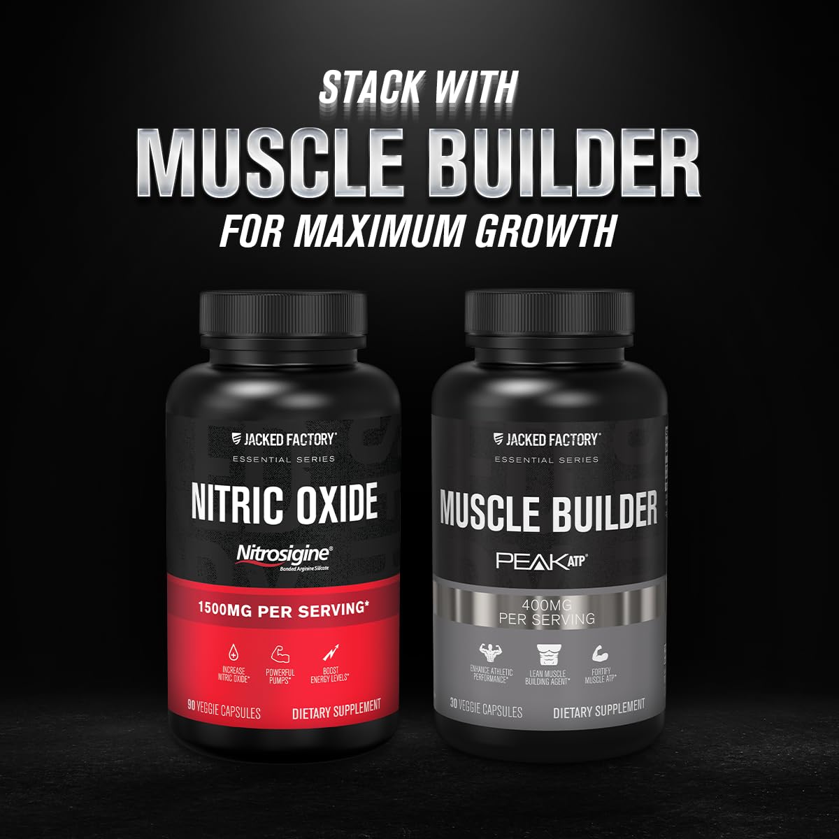 Jacked Factory Essentials Nitric Oxide Booster - Patented Bonded L-Arginine Silicate 1500mg Pre Workout Supplement for Muscle Growth, Pumps, Vascularity and Energy - 90 Veggie Pills