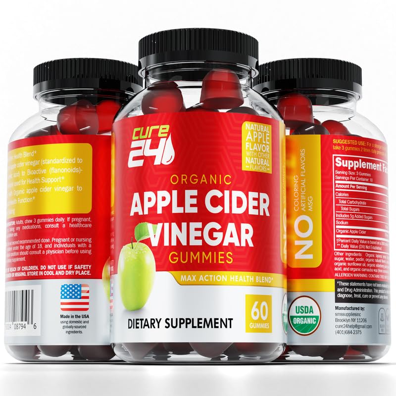 Cure24 Organic Apple Cider Vinegar Gummies, Vegan & Non-GMO, Gluten Free, Gelatin Free, ACV Supplement Gummies for Adults, 60 Count, Made in USA, (60 Gummies)