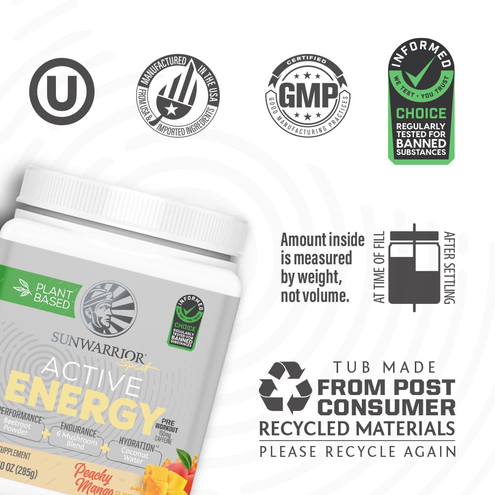 Sunwarrior Plant-Based Preworkout Powder Hydration Blend | Coconut Water Mushroom Blend Soy Free Sugar Free Gluten Free Dairy Free Synthetic Free | Peach Mango 30 Servings | Sport Active Energy