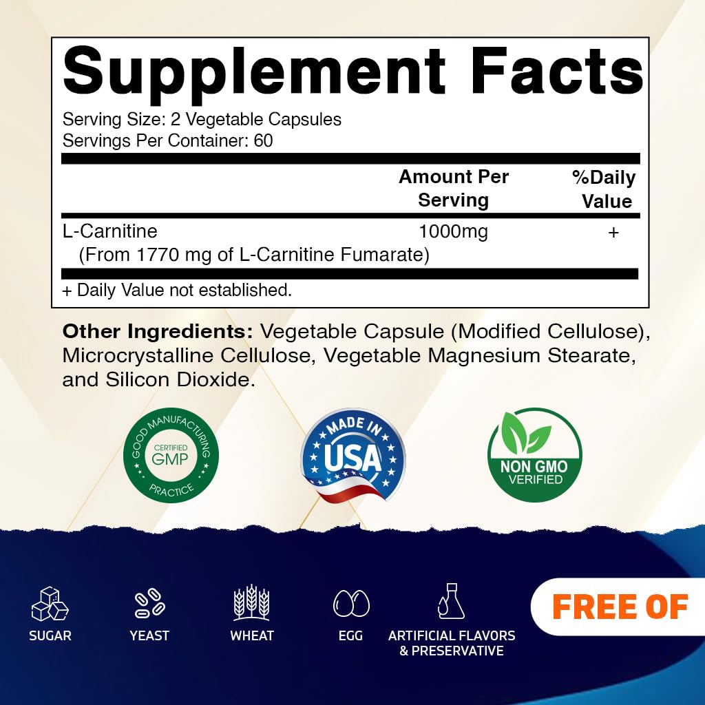 Vitamatic L-Carnitine Fumarate 1000 mg - 120 Vegetable Capsules (3 Bottles)