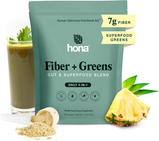 Hona Fiber + Greens, Gut & Superfood Blend, Greens Powder with Prebiotics, Probiotics, Fiber & Natural Caffeine, Gluten Free, Sugar Free, Dairy Free, Vegan Non GMO Greens Superfood Powder, 30 Srvgs