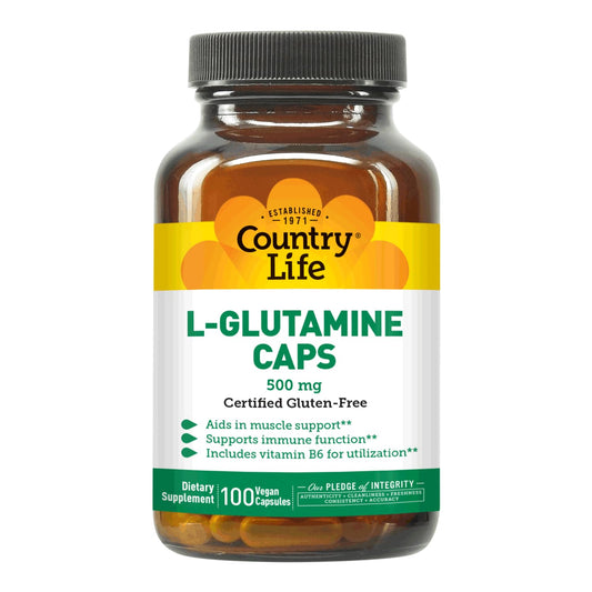 Country Life L-Glutamine 500 mg with B-6 - Amino Acids Supplement for Muscle Support & Gut Health - Vegan, Gluten-Free, Kosher - High Absorption - No Yeast, Corn, Soy - 100 Capsules