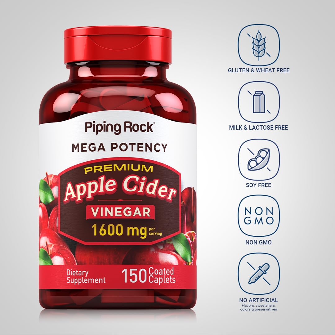 Piping Rock Apple Cider Vinegar Capsule Caplets | 1600mg | 150 Pills | High Potency | Extra Strength ACV Supplement | Vegetarian, Non-GMO, Gluten Free
