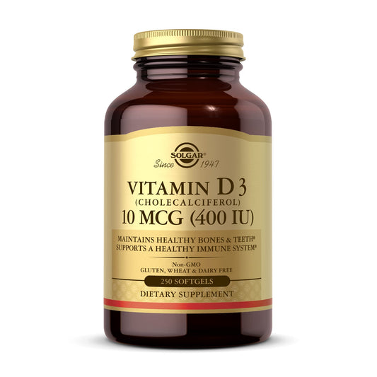 Solgar Vitamin D3 (Cholecalciferol) 10 MCG (400 IU), 250 Softgels - Helps Maintain Healthy Bones & Teeth - Immune System Support - Non-GMO, Gluten Free, Dairy Free - 250 Servings