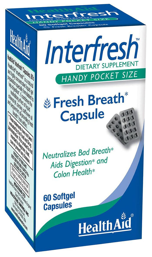 HealthAid Interfresh, 60 Soft Gel Capsules, Twice Daily, Fights Bad Breath and Aids in Digestion and Colon Health, Feel Fresh All Day Long