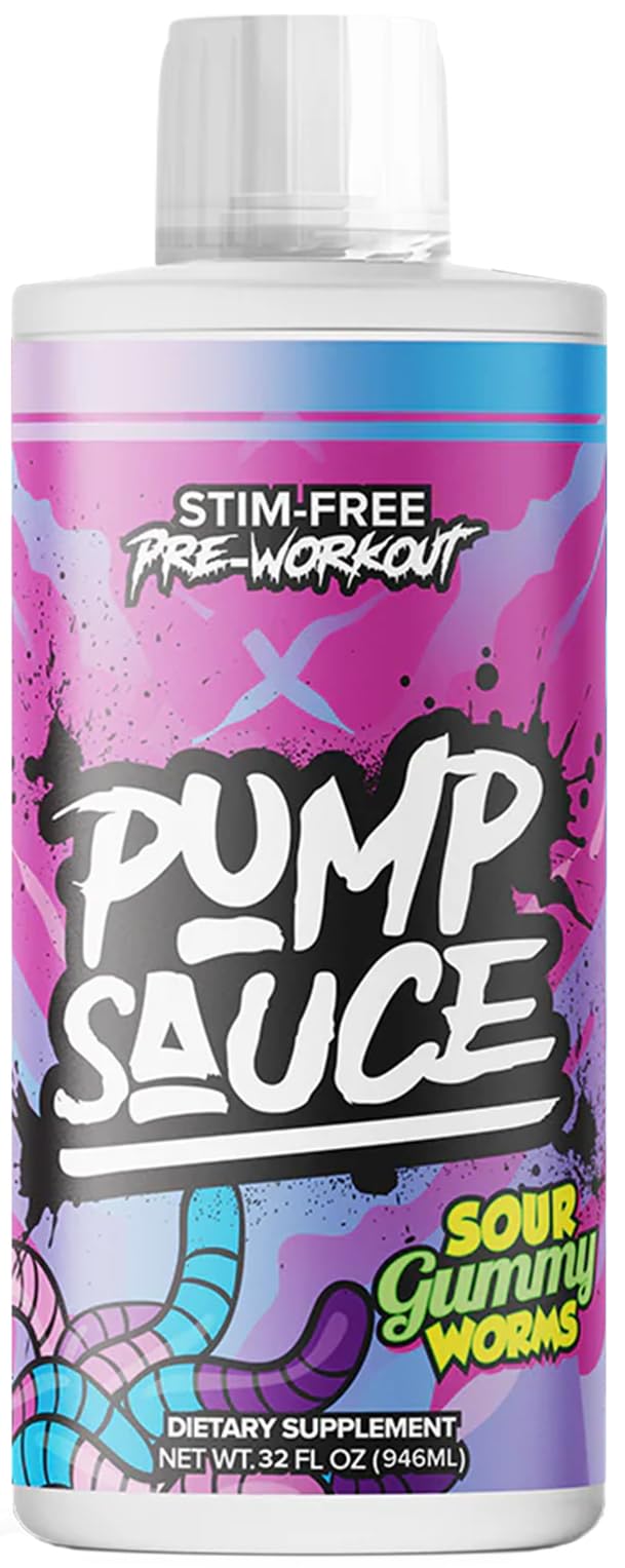 Pump Sauce Pre-Workout - 32 oz, Sour Gummy Worms, No Caffeine, Full Spectrum Liquid, Gluten Free, Vegan, Zero Sugar