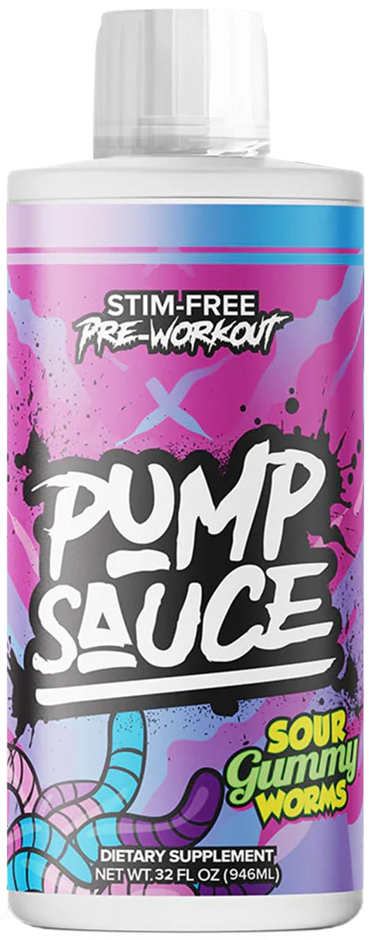 Pump Sauce Pre-Workout - 32 oz, Sour Gummy Worms, No Caffeine, Full Spectrum Liquid, Gluten Free, Vegan, Zero Sugar