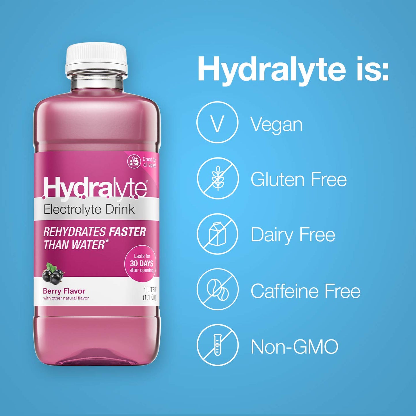 Hydralyte Electrolyte Oral Hydration Ready-to-Drink Solution, Berry, 33.8 Ounce Bottle