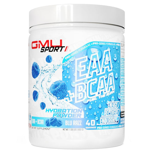 GMU SPORT - BCAA & EAA Hydration & Recovery Powder -Full Essential Amino Acids Profile Hydration Powder for Energy, Fast Recovery & Endurance - 40 Servings, Electrolyte Drink for Athletes (Blue Razz)