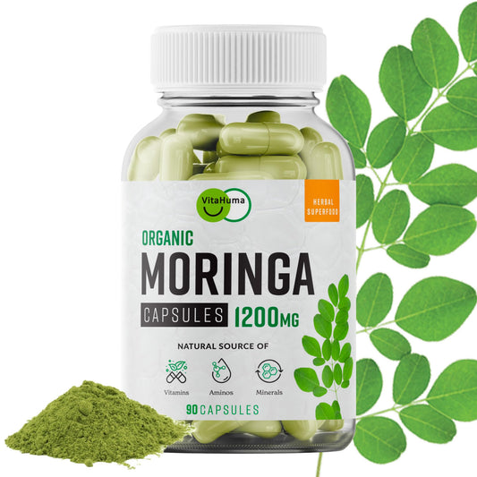 VitaHuma Organic Moringa, Nutrient-Dense Antioxidant Support with Vitamin C, A, E, Calcium, Potassium, Iron, Magnesium, Protein & Amino Acids for Hydration & Energy, Vegan, 1200 MG Per Serving, 90 CT