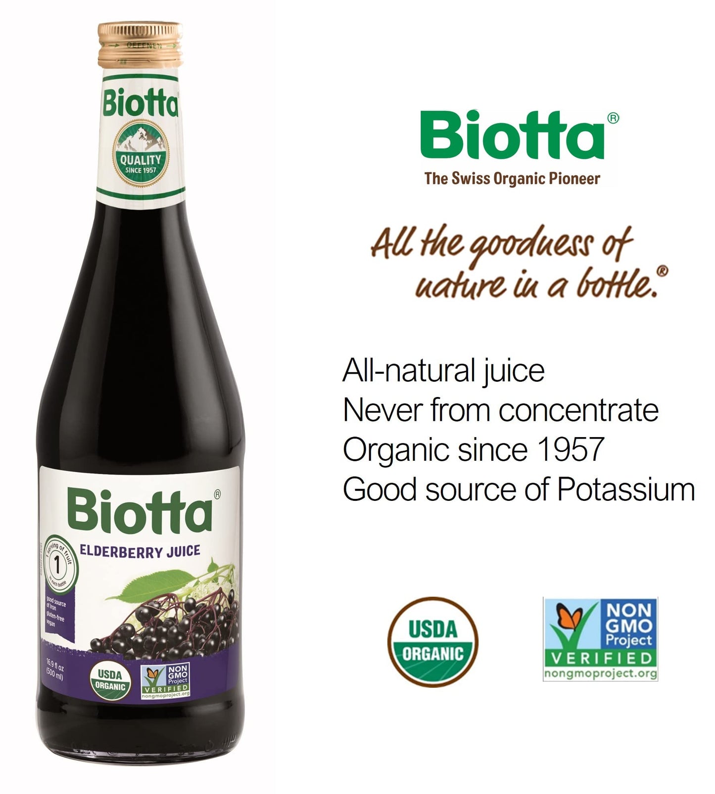 Biotta Organic Elderberry Juice  Naturally Sweetened Fruit Juice For Optimal Immune Support Function  With Immunity Boosting Elderberries  Good Source of Potassium 169 Fl Oz Pk of 6