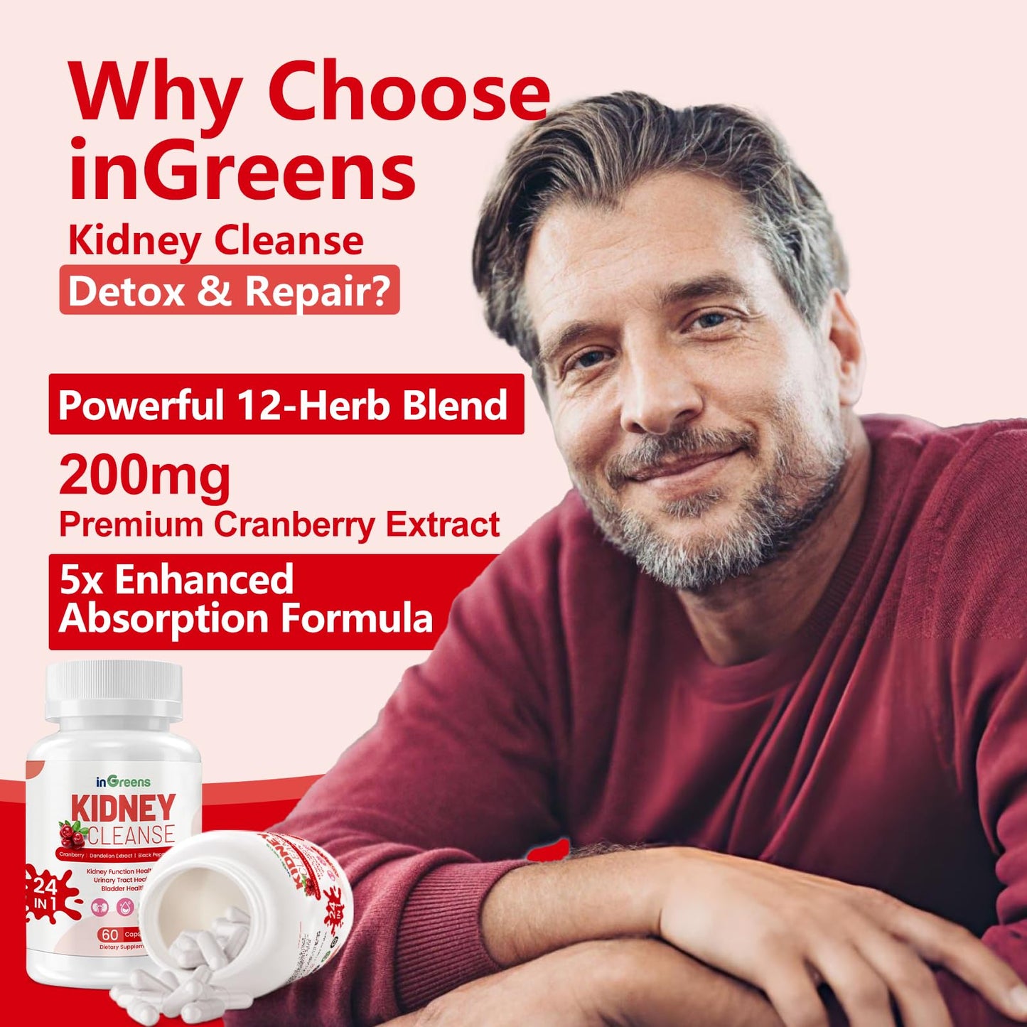 inGreens Advanced Kidney Cleanse Detox & Repair - 24-in-1 Kidney Support Supplement with Herbal Formula for Kidney & Urinary Tract Health - Non-GMO, Made in USA, 60 Capsules