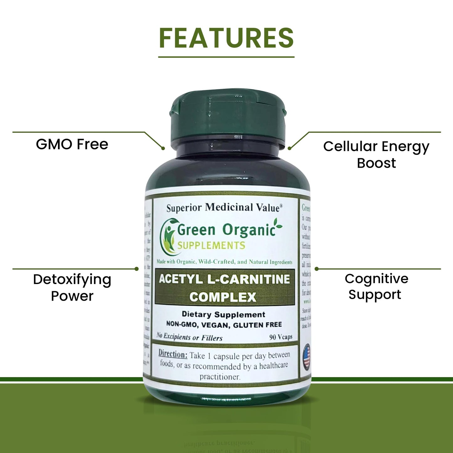Green Organic Supplements Acetyl L-Carnitine, Carnitine, ALC, 90 VCaps, High Absorbable, Non-GMO, Gluten-Free (Single)