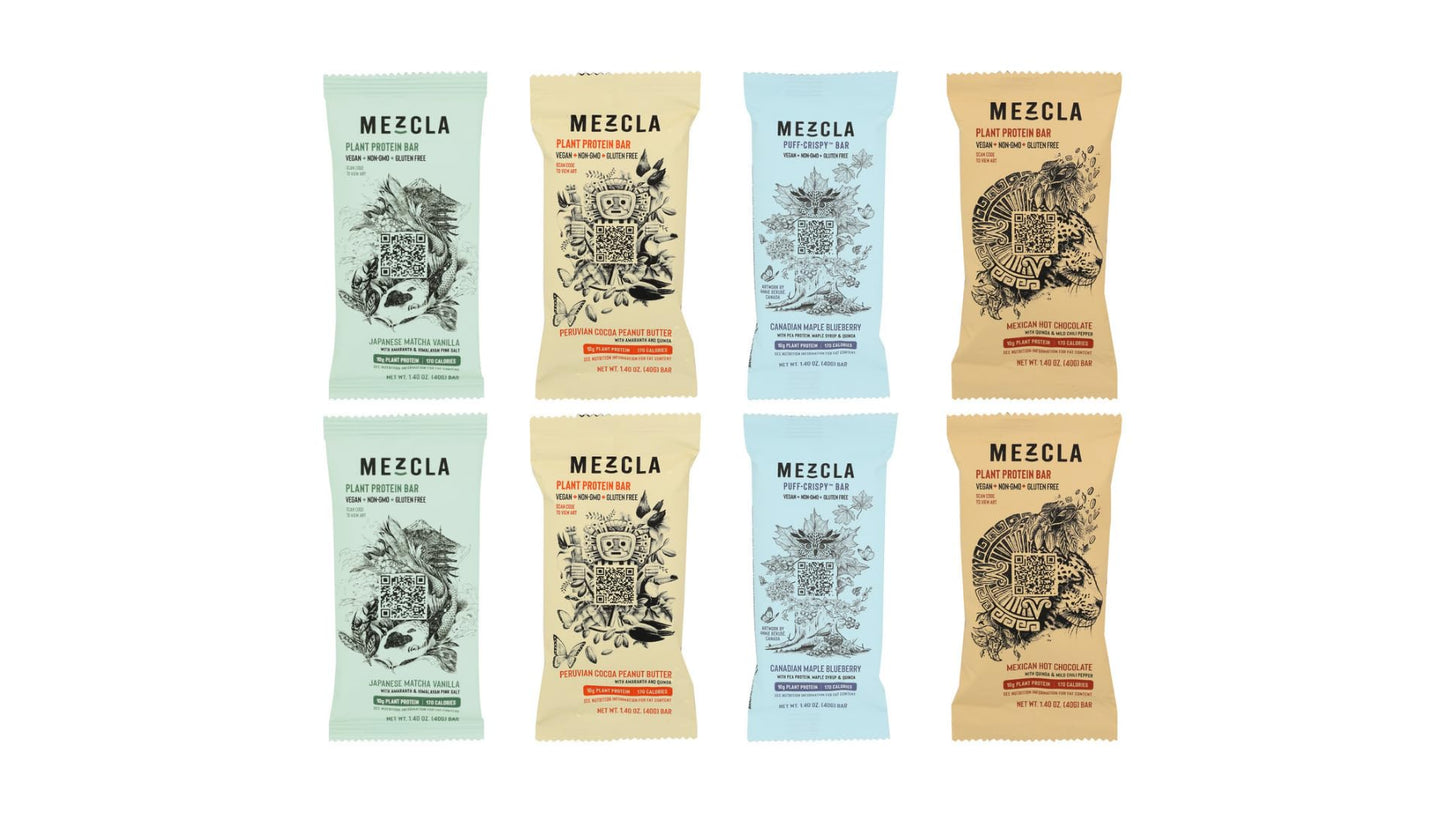 Mezcla Plant Protein Bars  Vegan Gluten Free Snacks  2 of Each Flavors Japanese Matcha Vanilla Peruvian Cocoa Peanut Butter Mexican Hot Chocolate  Canadian Maple Blueberry  140 oz x 8