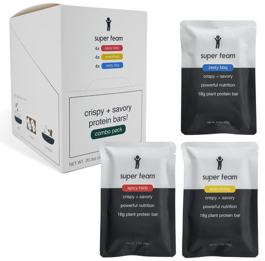 Super Team Savory + Crispy Protein Bars - Combo Pack - 12-Count Snack Bars - High Protein (18g), High Fiber (7g), Low Sugar (1g) - Gluten Free, Nut Free, Soy Free, Vegan Plant Based Meal Replacement