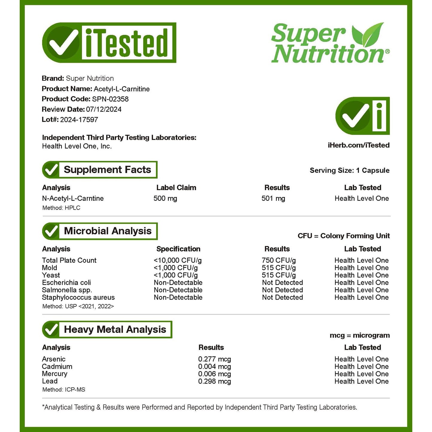 Super Nutrition Acetyl-L-Carnitine, 500 mg, 60 Veggie Capsules