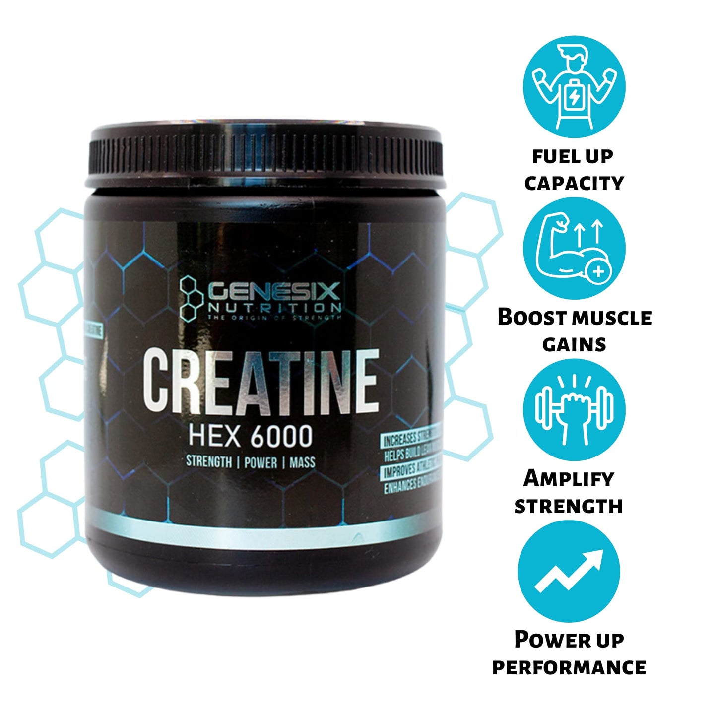 GENESIX NUTRITION HEX 6000 Creatine Monohydrate Workout Supplement | Improve Strength & Accelerate Muscle Gains | More Energy During High-Intensity Exercise | Heighten Brain Performance | 60 Servings