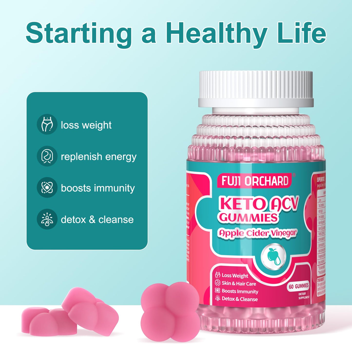 FUJI ORCHARD Keto ACV Gummies for Weight Loss - Delicious 1500MG Apple Cider Vinegar with Mother, Probiotics, Vitamins B6 & B12, Vegan & Non-GMO - Supports Metabolism & Fat Burn for Women, 120 Vegan