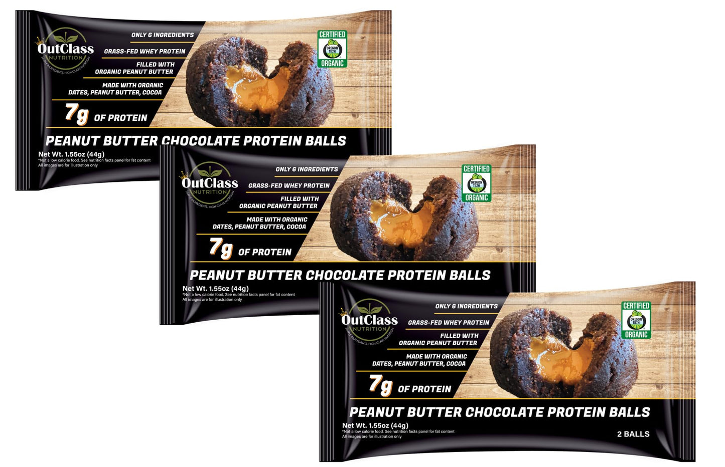 OutClass Nutrition, Peanut Butter Chocolate Protein Balls, Organic, Grass-Fed Whey, 6 Ingredients, 7g of Protein, Gluten-Free, Non-GMO, Low Sodium, Paleo Friendly, Kosher, High Fiber, No Added Sugar, No Junk, Real Food, Snack Bar, 3 Pack