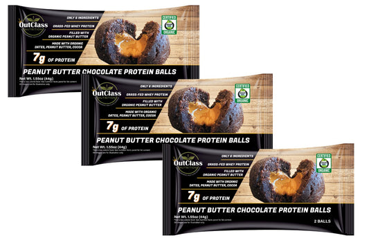 OutClass Nutrition, Peanut Butter Chocolate Protein Balls, Organic, Grass-Fed Whey, 6 Ingredients, 7g of Protein, Gluten-Free, Non-GMO, Low Sodium, Paleo Friendly, Kosher, High Fiber, No Added Sugar, No Junk, Real Food, Snack Bar, 3 Pack