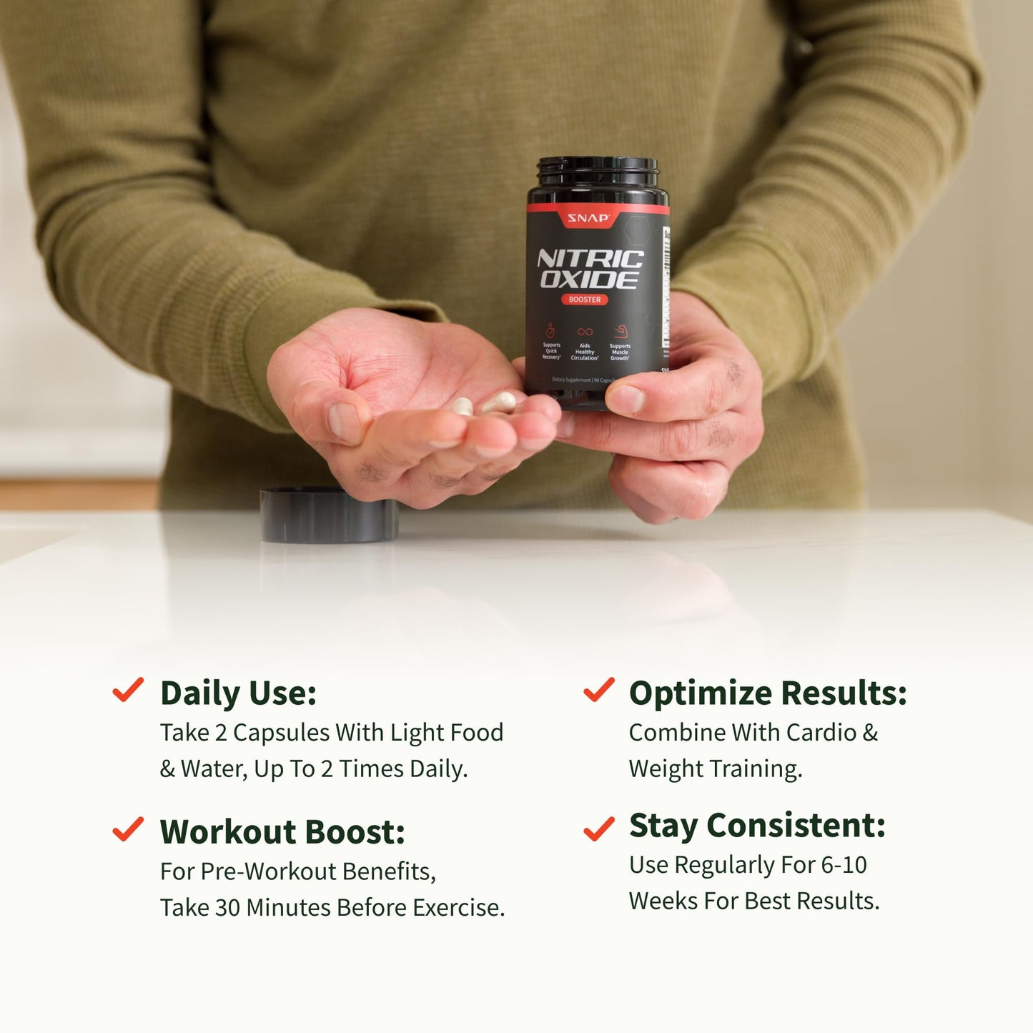 Snap Supplements Nitric Oxide Booster Supplement with L Arginine and L Citrulline Essential Amino Acids and Ginseng Root, Energy, Heart Health, Muscle Growth & Circulation Support, 60 Capsules