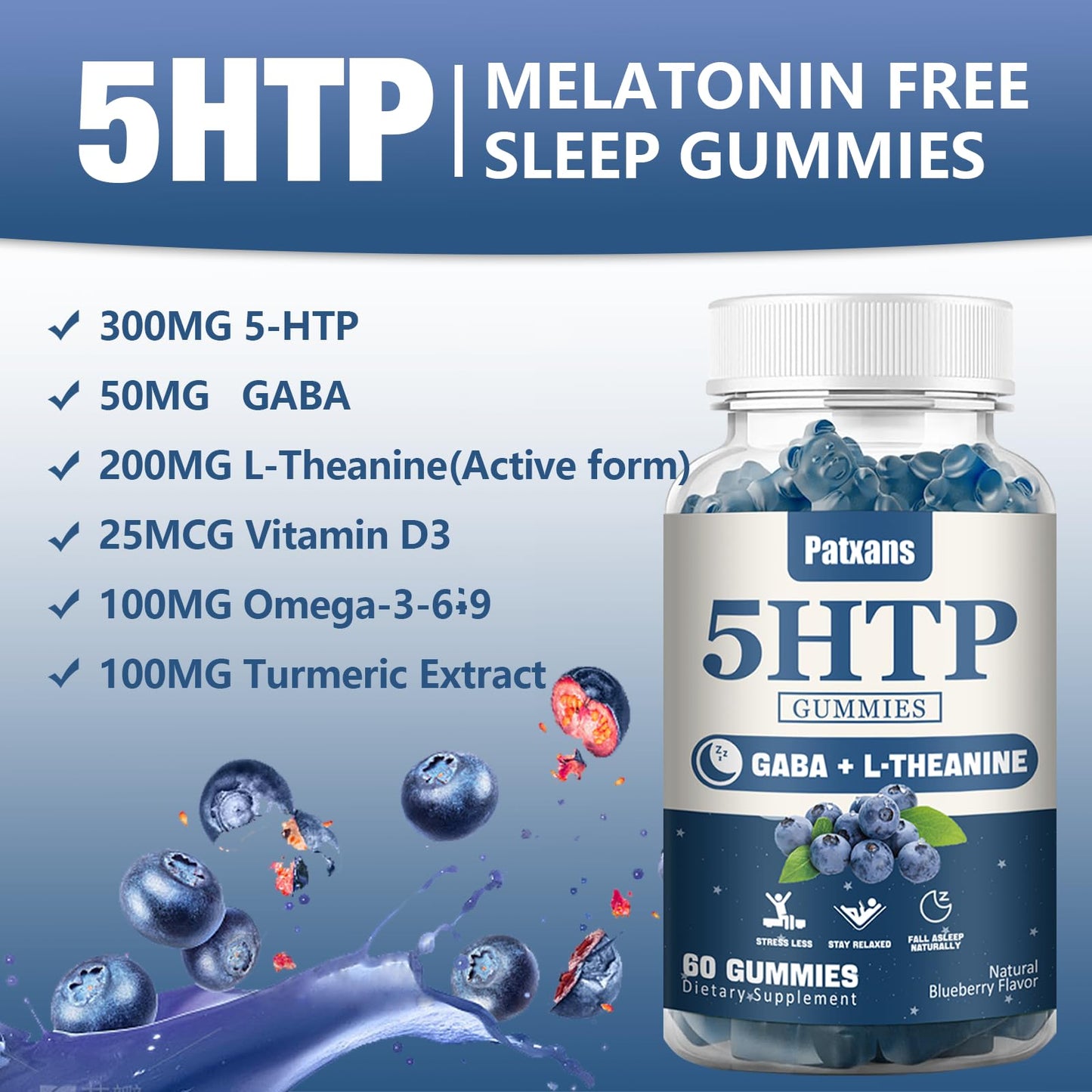 Patxans 1Pack 300MG 5HTP GABA Sleep Supplement Gummies, Melatonin-Free, Contains 200 MG L-Theanine, Sleep Supplement, Omega 3-6-9 for Natural Zzzs, 60 Counts, Blueberry Flavor