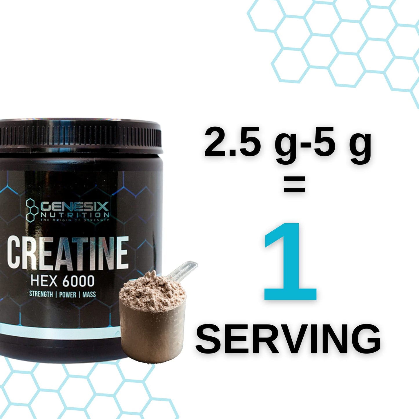 GENESIX NUTRITION HEX 6000 Creatine Monohydrate Workout Supplement | Improve Strength & Accelerate Muscle Gains | More Energy During High-Intensity Exercise | Heighten Brain Performance | 60 Servings