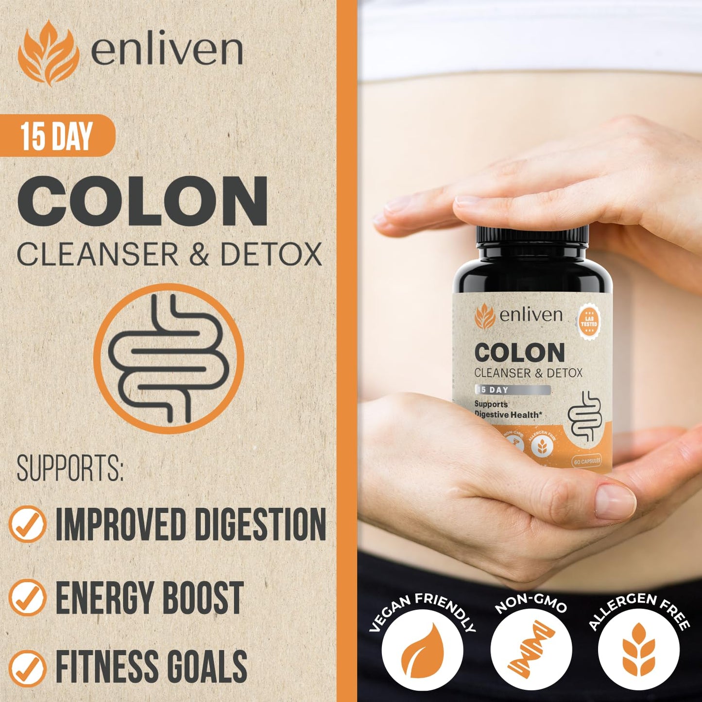enliven 15-Day Colon Cleanse for Weight Loss & Digestive Health | Natural Blend of Herbs & Probiotics | Non-GMO | Made in USA (60 Capsules)