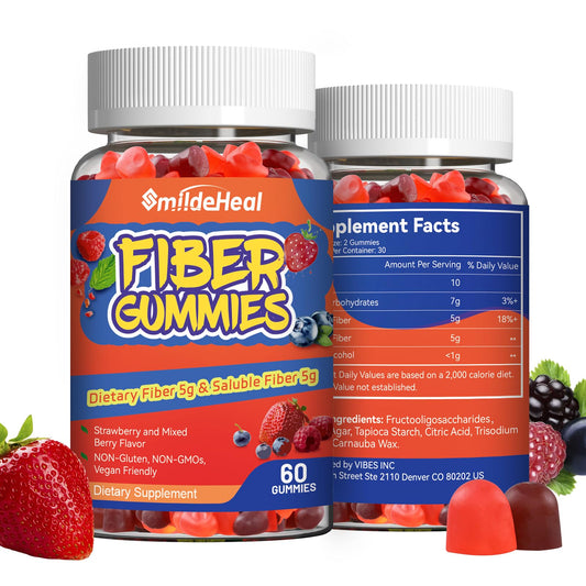 SmildeHeal Fiber Gummies, Dietary Fiber, Soluble Fiber, for Women and Men, Gut Health Support, Non-GMOs, Non-Gluten, Vegan, Mixed Berry and Strawberry Flavor, 60 Count Gummies(Pack of 2)