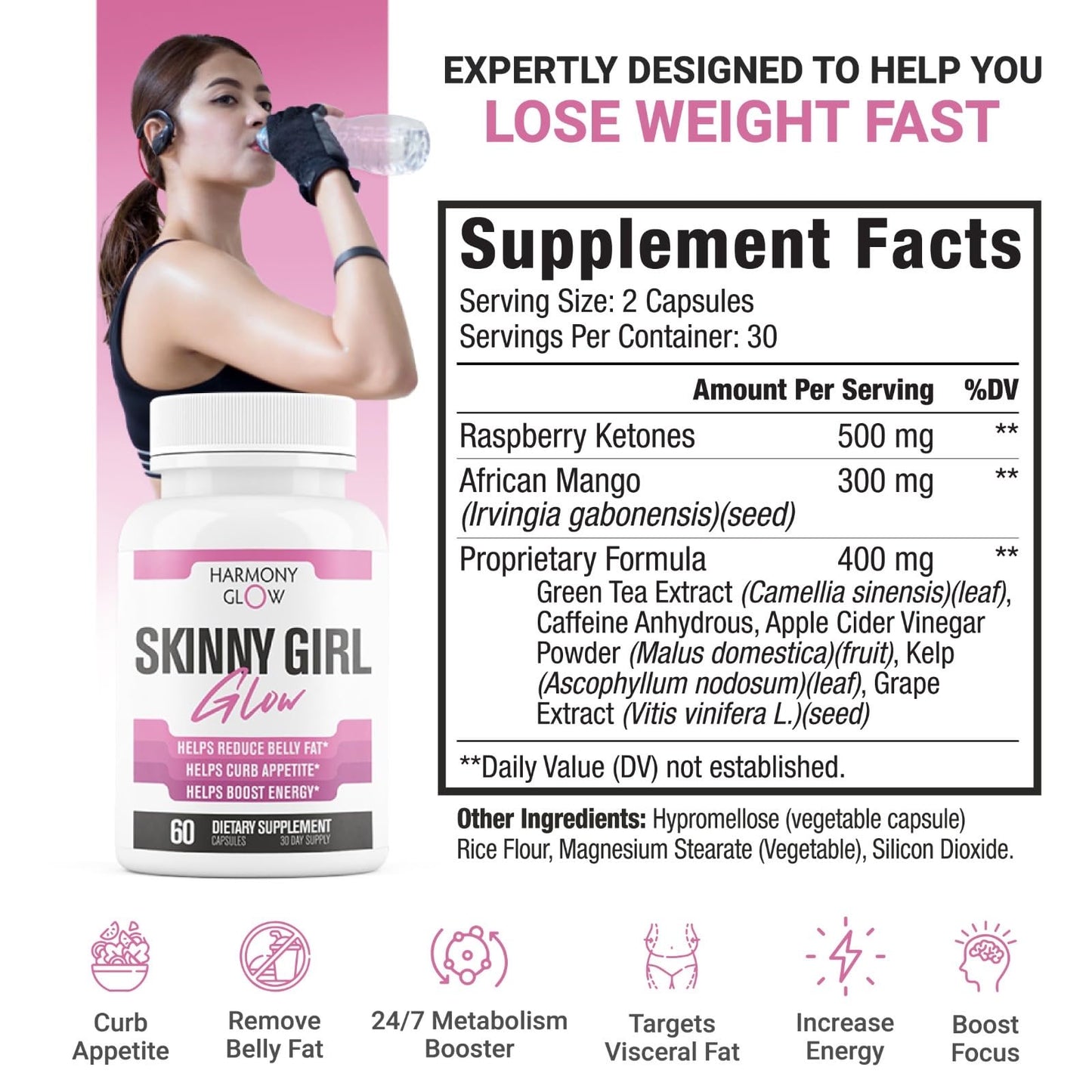 Skinny Girl Glow | Max Strength Weight Loss Pills for Women that Work Fast | Appetite Suppressant, Belly Fat Burner, Carb Blocker, Energy Booster | 7 Ultra Ingredients for Fast Results - 60 Capsules