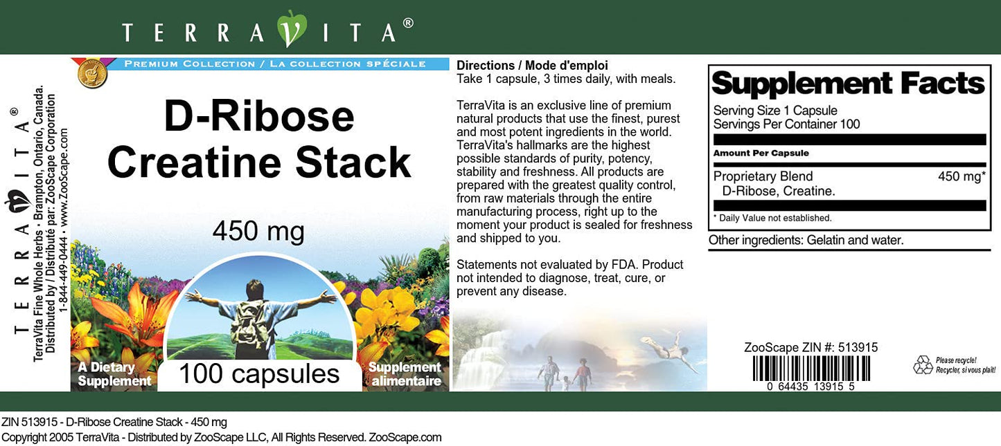 D-Ribose Creatine Stack - 450 mg (100 Capsules, ZIN: 513915) - 2 Pack