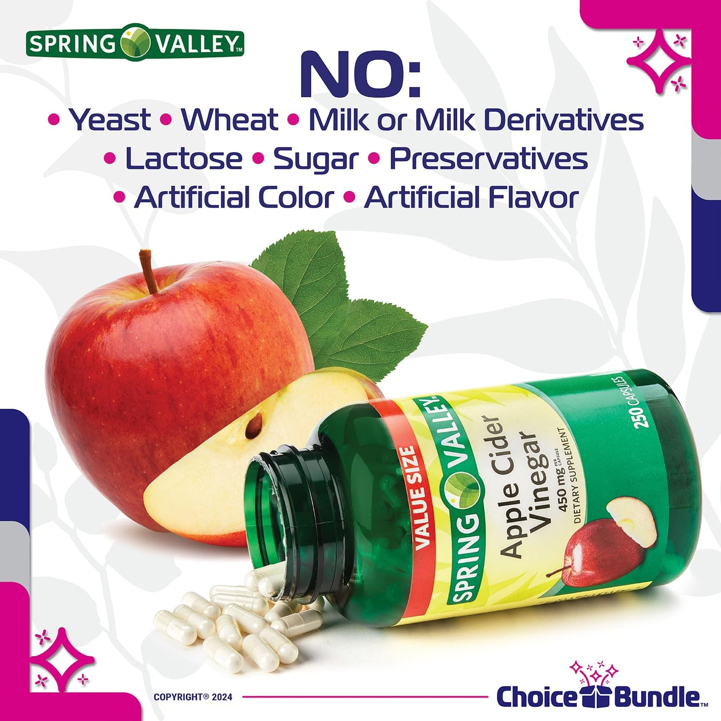 Choice Bundle Spring Valley Apple Cider Vinegar Capsules 450 mg Dietary Supplement 250 Ct 3 pk (750 Total) + Vitamin Guide and Pill Container (5 Items)!