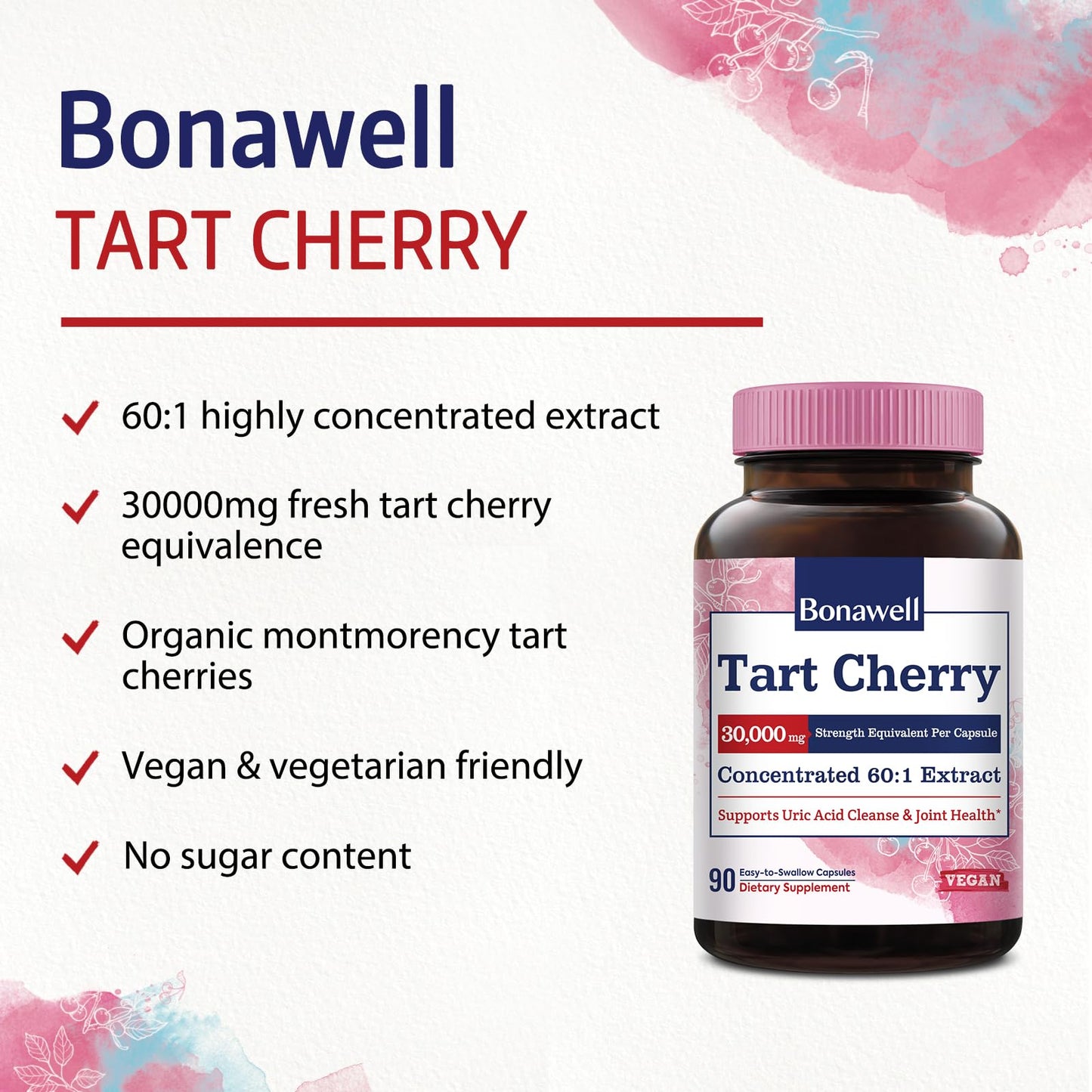 Bonawell Tart Cherry 60:1 Extract, 30000mg Strength, Made from Montmorency Tart Cherries, Powerful Uric Acid Cleanse for Joint Comfort, 3 Month Supply, 90 Capsules