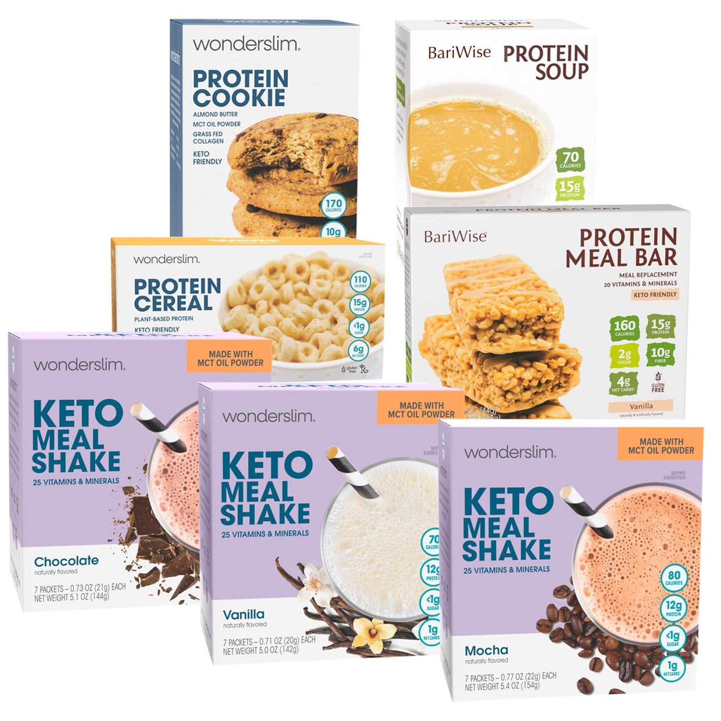Wonderslim Keto Friendly 1 Week Diet Kit 49 Meals - Low Carb Meal Replacements, Bars & Snacks, Breakfast, & More