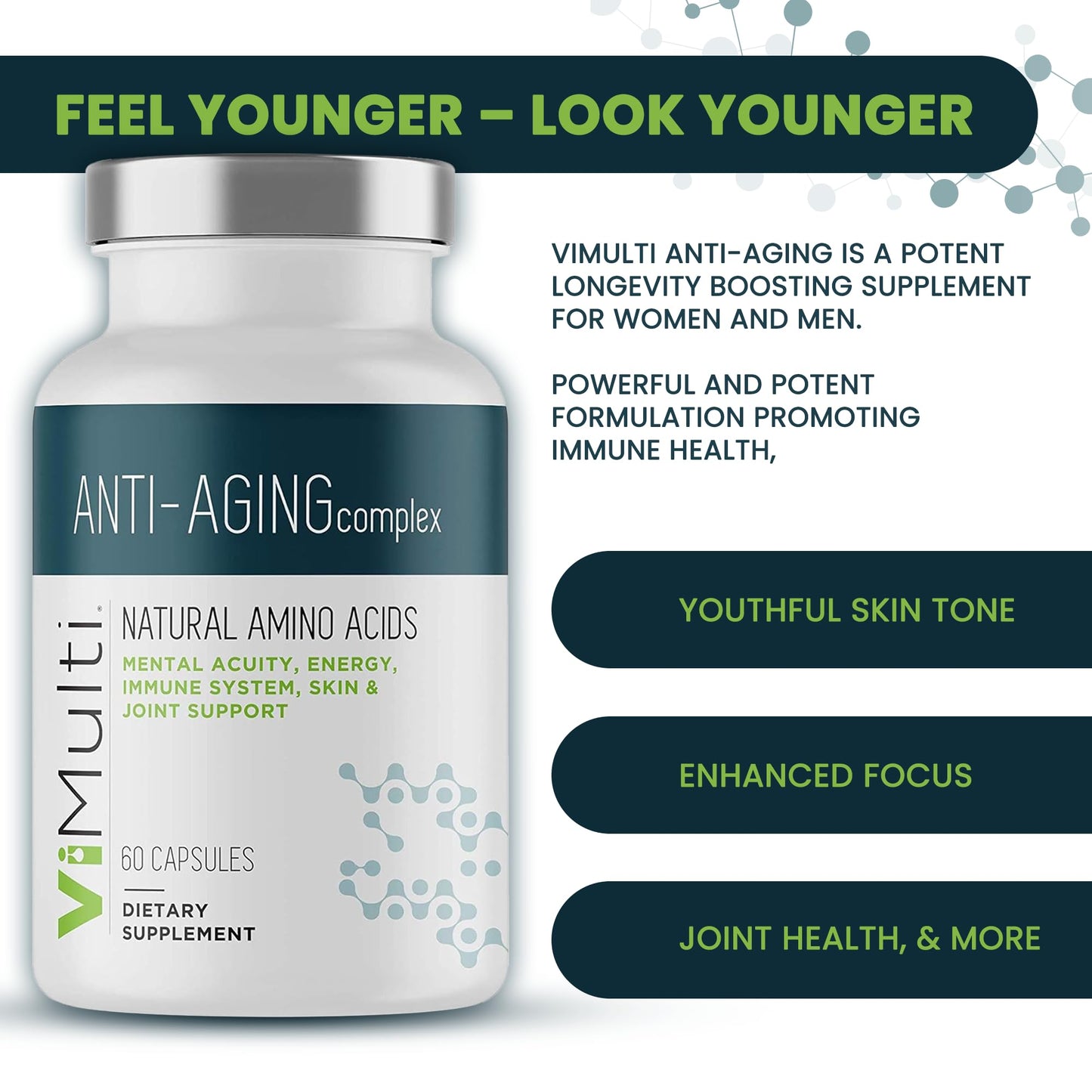 vimulti Anti-Aging Natural Amino Acid Supplement for Longevity - Supports Immune Health, Increased Energy, Smoother Skin Tone and Restorative Sleep - 60 Capsules