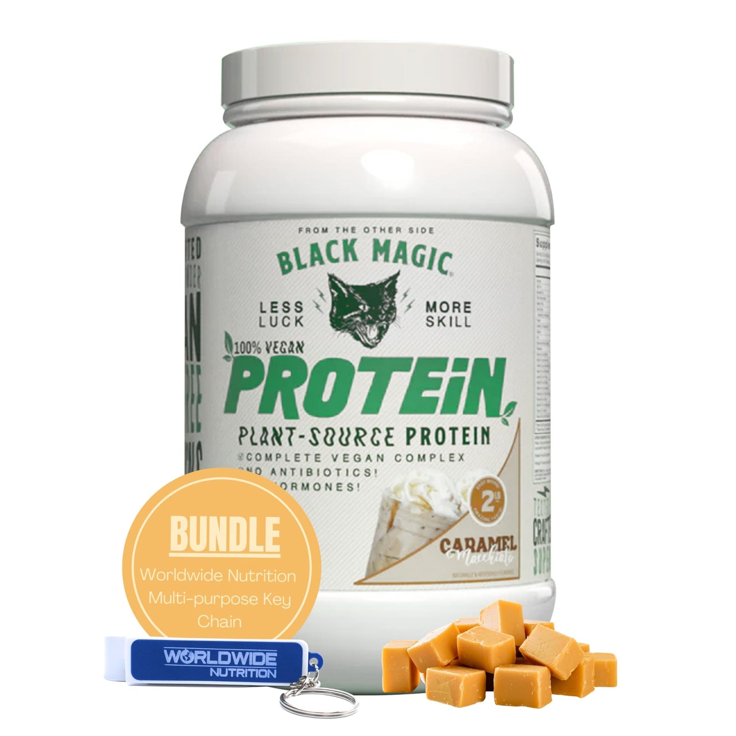 Worldwide Nutrition Bundle Compatible with Black Magic Multi-Source Protein Powder - Vegan Caramel Macchiato | High Protein Powder, Low Carb, Low Sugar | Whey, Egg & Casein Blend - 2 LB with Keychain