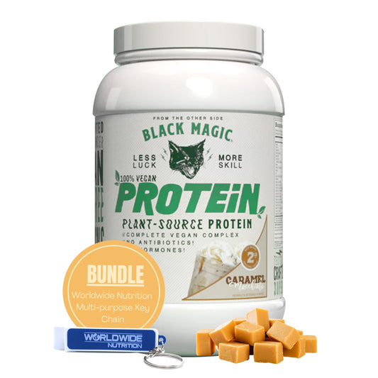 Worldwide Nutrition Bundle Compatible with Black Magic Multi-Source Protein Powder - Vegan Caramel Macchiato | High Protein Powder, Low Carb, Low Sugar | Whey, Egg & Casein Blend - 2 LB with Keychain