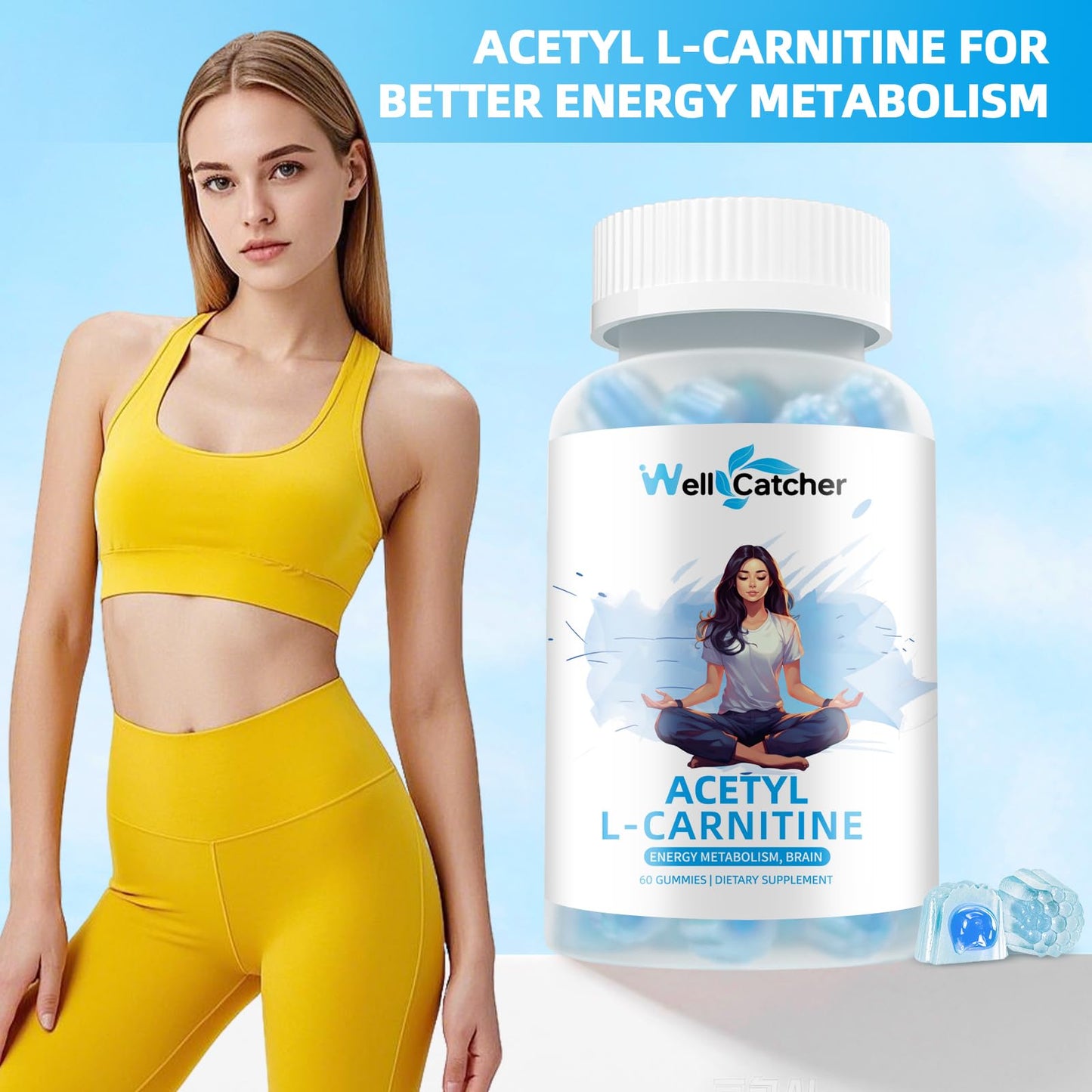 Wellcatcher Acetyl L-Carnitine Gummies 1000 MG - Sugar Free L-Carnitine Supplement for Muscular Endurance, Brain Health, Energy Metabolism - Vegan Non-GMO - Blueberry Flavoured - 60 Counts