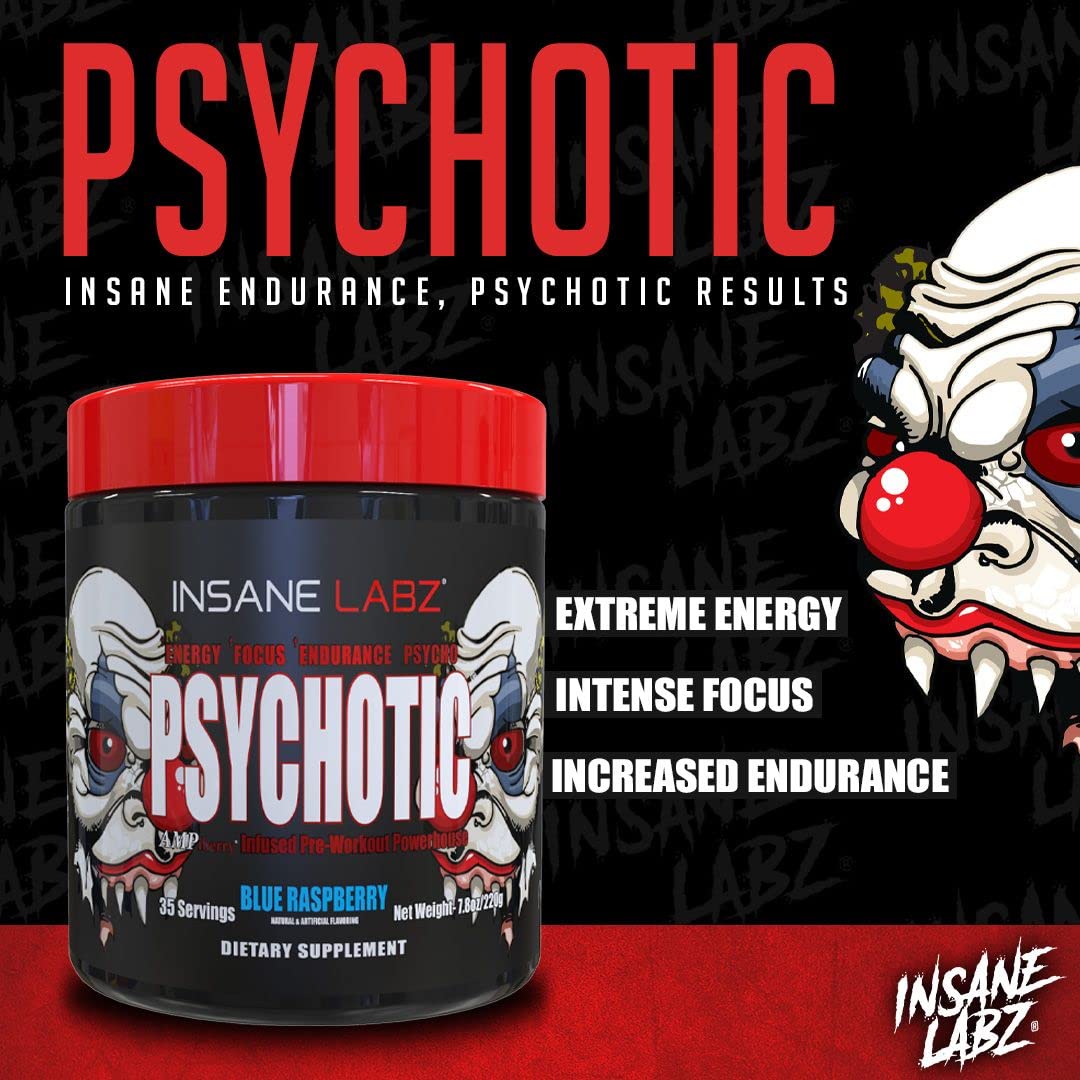 Insane Labz Psychotic, High Stimulant Pre Workout Powder, Extreme Lasting Energy, Focus and Endurance with Beta Alanine, Creatine Monohydrate, DMAE, 60 Srvgs, Fruit Punch