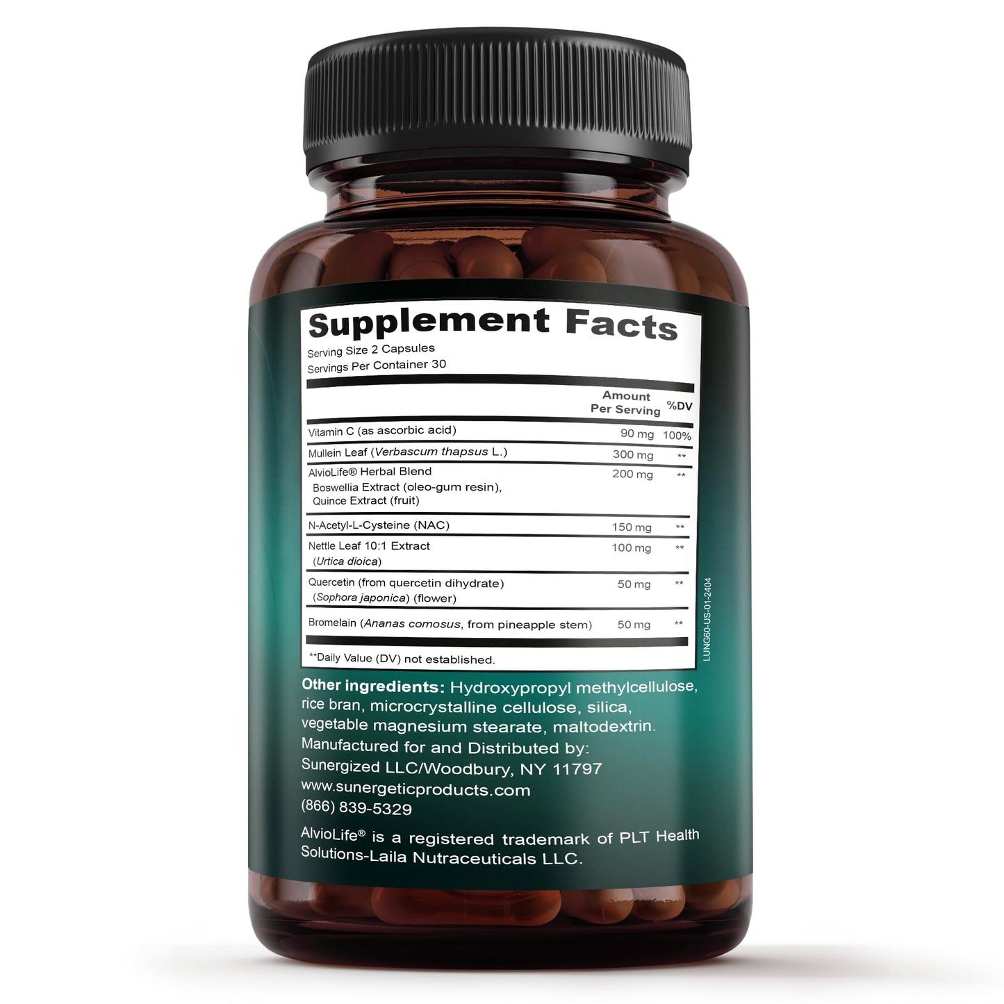 Sunergetic Premium Lung Support Supplement - Lung Cleanse & Detox Supplement With Mullein Leaf, NAC, Bromelain & Boswellia-Lung Health Formula for Respiratory, Breathing & Bronchial Health-60 Capsules