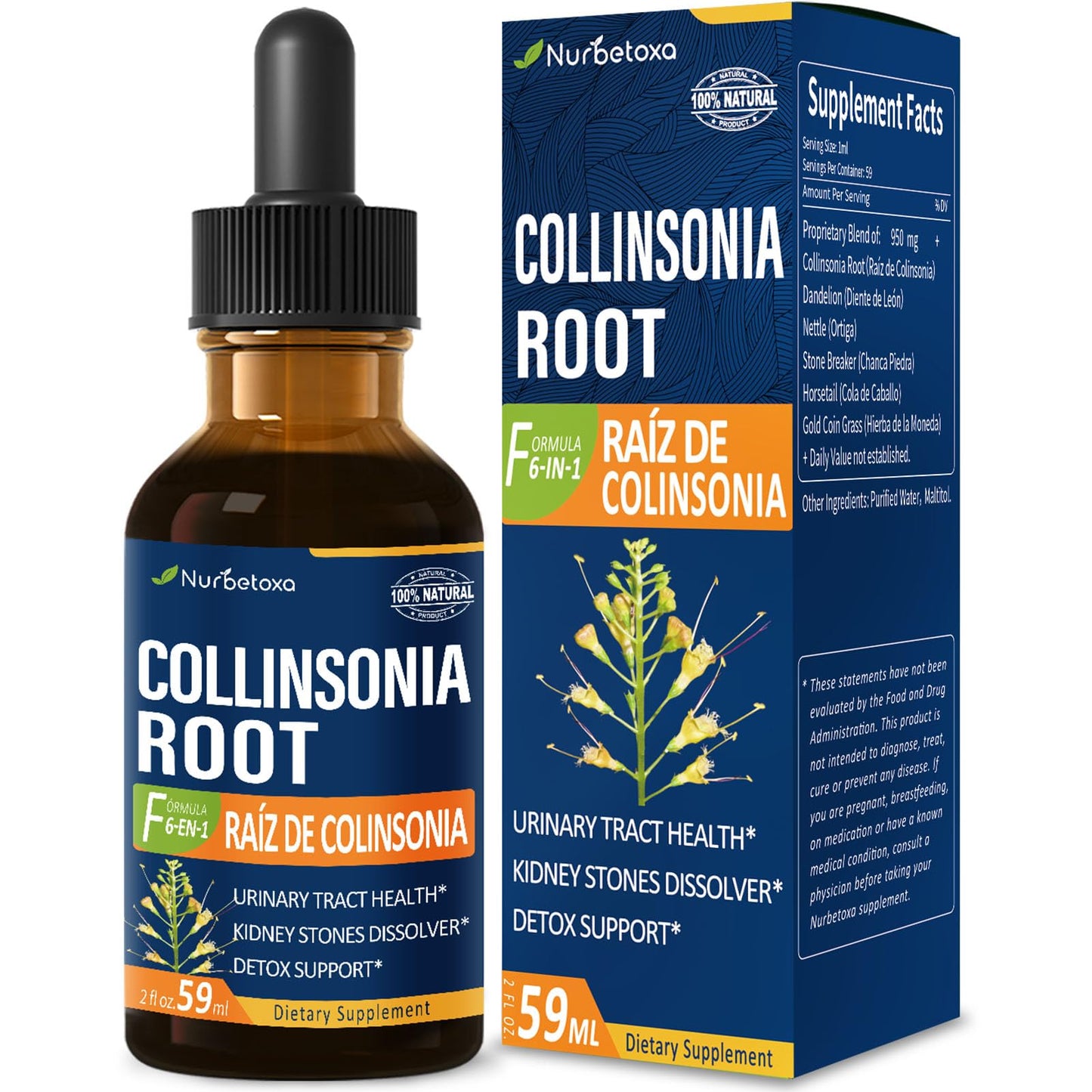 Nurbetoxa Collinsonia (Stone Root) Drops for Urinary Tract Health, Natural Herbal Formula Supplement w/Stone Breaker Chanca Piedra Extract Support Kidney Stones Dissolver & Detox Cleanse. 2oz