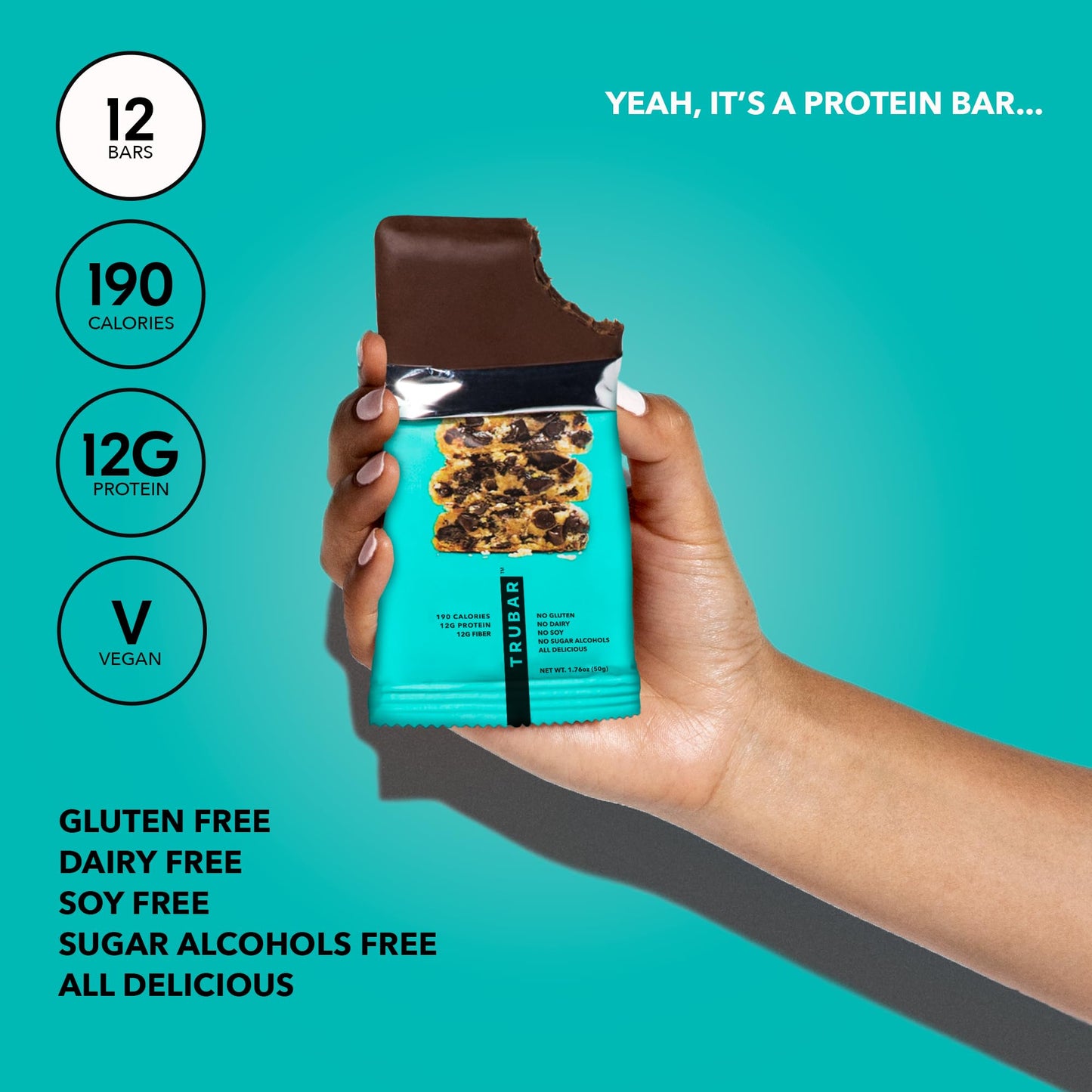 TRUBAR Vegan Protein Bar Oh Oh Cookie Dough Gluten Free Plant Based Protein Dairy Free Non GMO Soy Free No Sugar Alcohols 12G Protein 13G Fiber 23G Carb Healthy on the Go Snack Bars 12 CT
